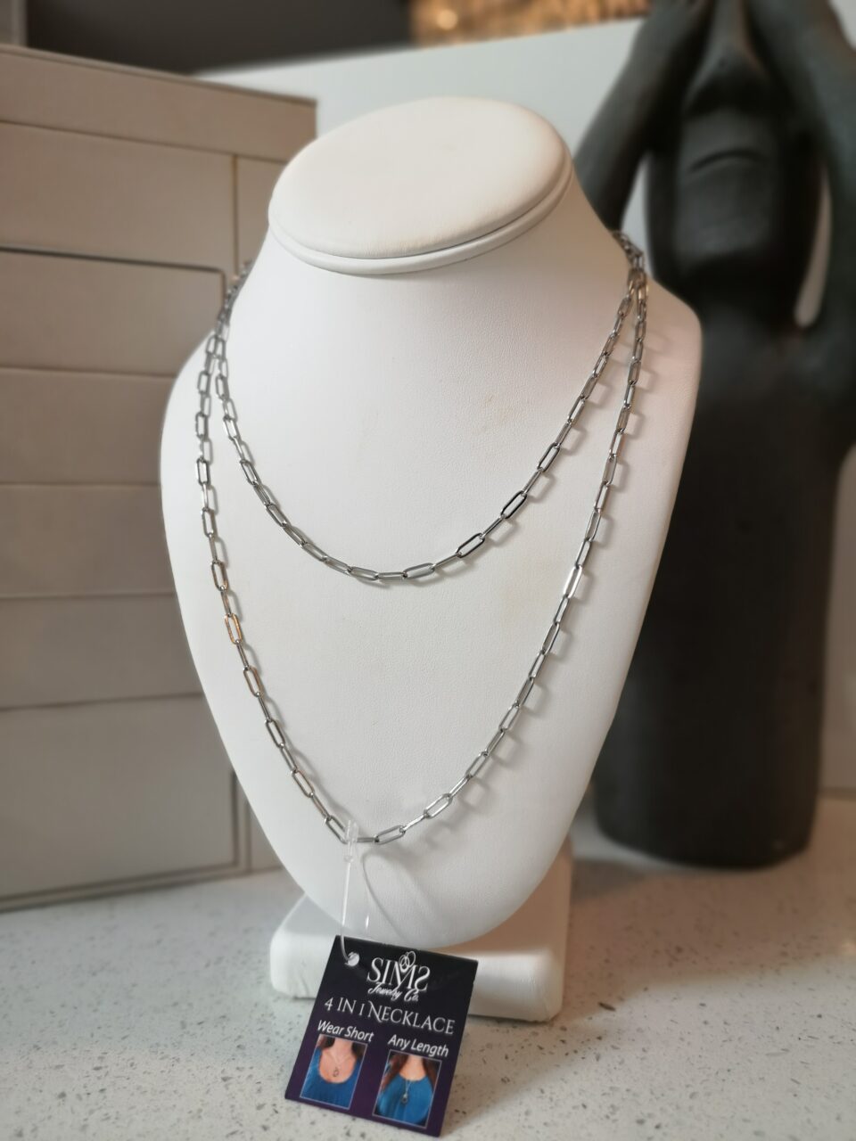 Sims long silver paperclip chain.