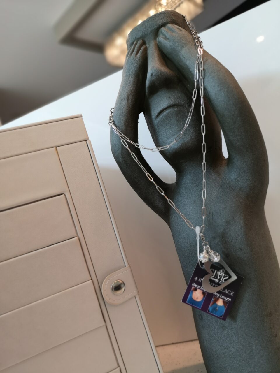 Sims long silver paperclip chain.