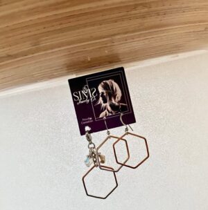 Sims jewelry gold hoop charm with bead cluster and matching earrings.