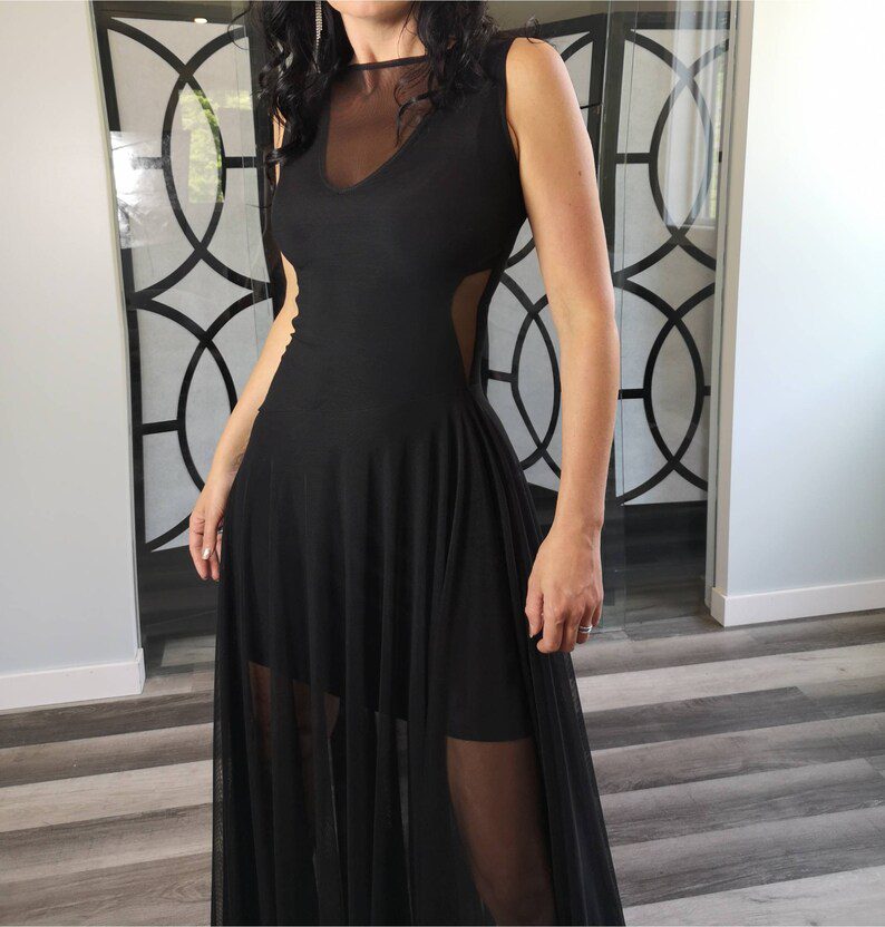 Black mesh shear maxi dress.