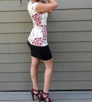 Red on ivory cap sleeve floral top.