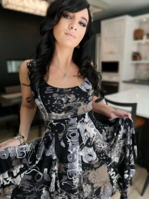 Grays on black tissue hem graffiti print dress.
