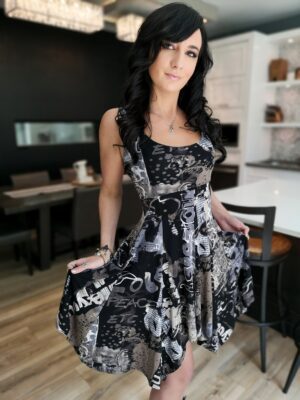 Grays on black tissue hem graffiti print dress.