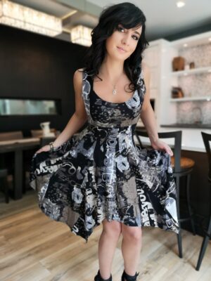 Grays on black tissue hem graffiti print dress.