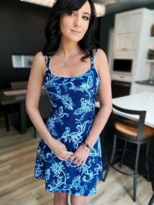 Cobalt blue with white flowers short mini dress.