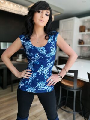 Cobalt blue with white flowers fitted cap sleeve top.