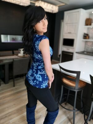 Cobalt blue with white flowers fitted cap sleeve top.