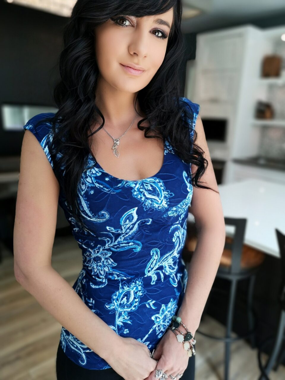 Cobalt blue with white flowers fitted cap sleeve top.