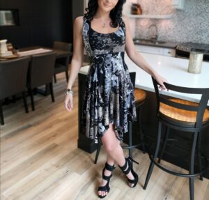 Grays on black tissue hem graffiti print dress.