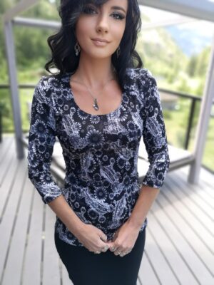 Black round neck fitted top with sunflower print.