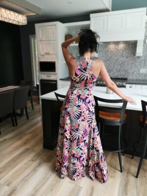 Pink and orange on navy tropical print sleeveless maxi dress.