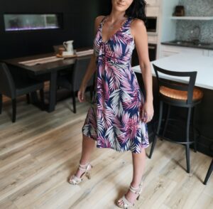 Mauve and white on navy stunning sleeveless tropical print dress.