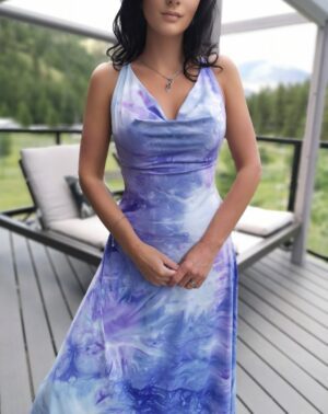 Blue purple vibrant open back tie-dye maxi dress.
