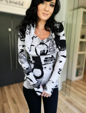 Gray and black hooded long sleeve tunic top with finger cut outs.