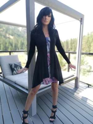 Long-sleeve black cardigan with pointed sides.
