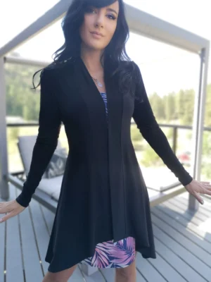 Long-sleeve black cardigan with pointed sides.