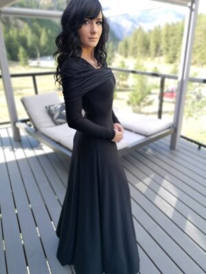 Long sleeve hooded cowl neck black bamboo maxi dress.