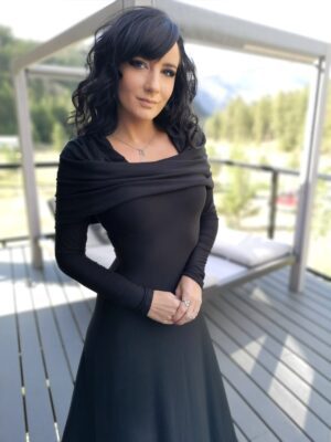 Long sleeve hooded cowl neck black bamboo maxi dress.