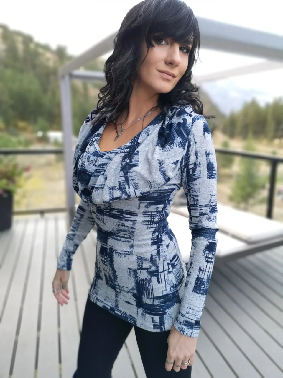 Hooded cowl neck gray and blue sweater knit tunic top.