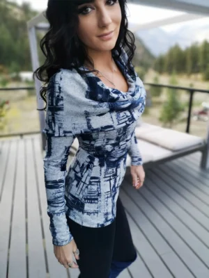 Hooded cowl neck gray and blue sweater knit tunic top.