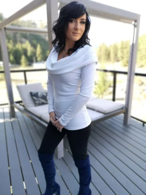 Gorgeous long sleeve ribbed Ivory fitted cowl neck, hooded, off the shoulder, tunic top.