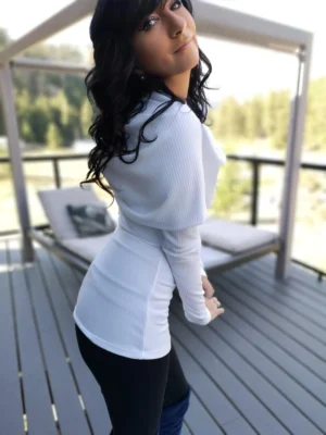Gorgeous long sleeve ribbed Ivory fitted cowl neck, hooded, off the shoulder, tunic top.