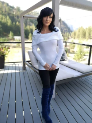 Gorgeous long sleeve ribbed Ivory fitted cowl neck, hooded, off the shoulder, tunic top.