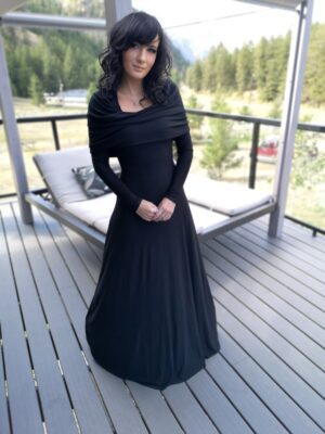 Long sleeve hooded cowl neck black bamboo maxi dress.