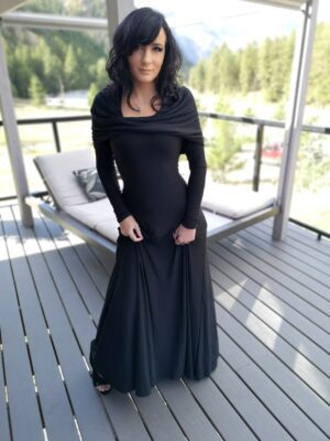 Long sleeve hooded cowl neck black bamboo maxi dress.