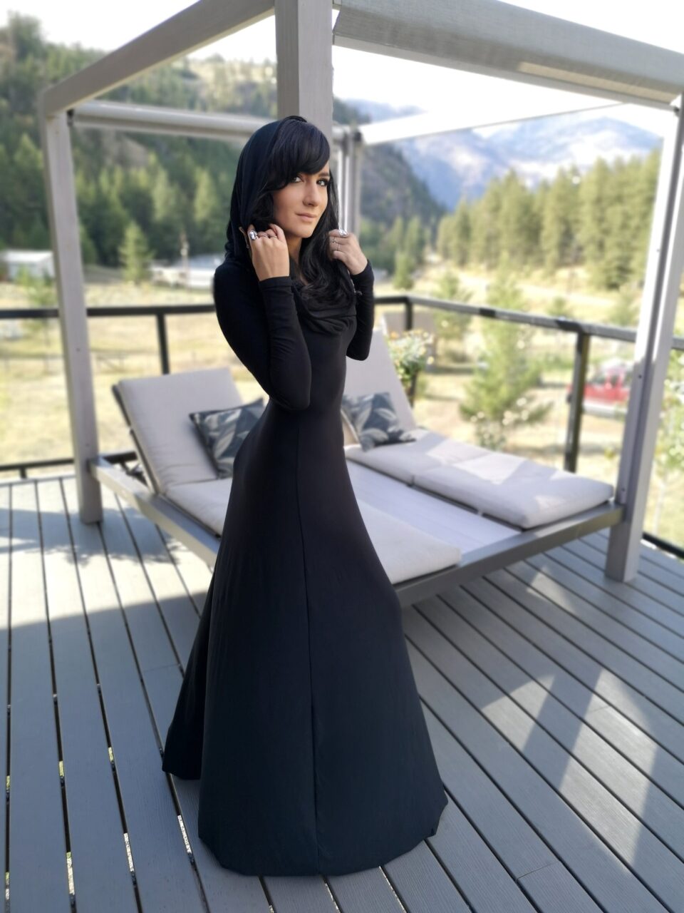 Long sleeve hooded cowl neck black bamboo maxi dress.