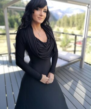 Long sleeve hooded cowl neck black bamboo maxi dress.