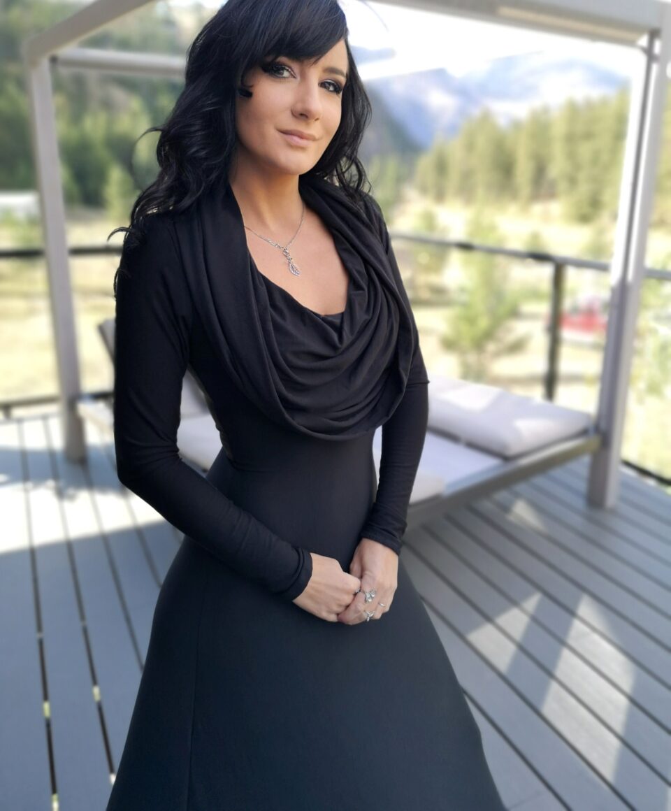 Long sleeve hooded cowl neck black bamboo maxi dress.