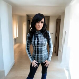 Long-sleeve fitted gray, black, greenish tie-dye turtleneck top.