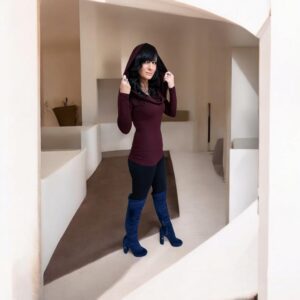 Merlot fitted long-sleeve cowl neck hooded top.