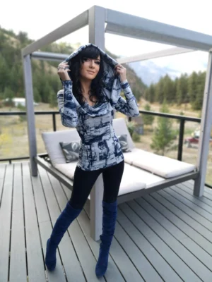 Hooded cowl neck gray and blue sweater knit tunic top.