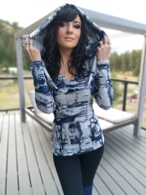 Hooded cowl neck gray and blue sweater knit tunic top.