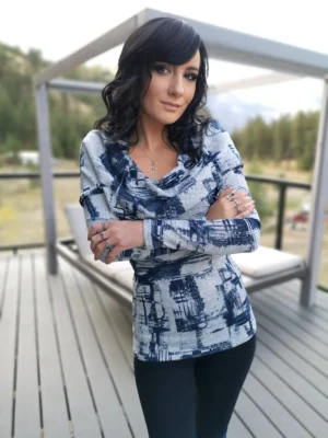 Hooded cowl neck gray and blue sweater knit tunic top.