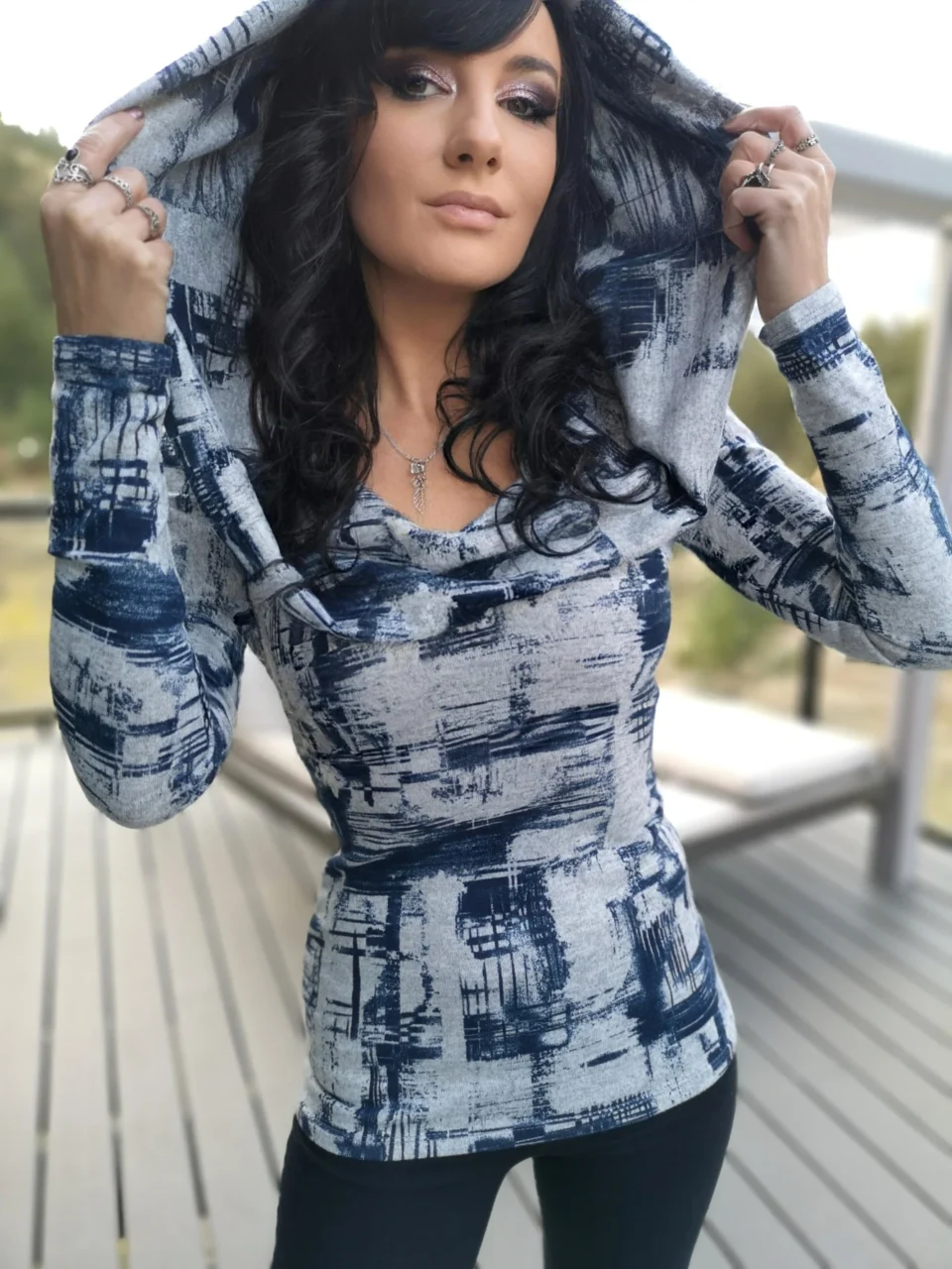 Hooded cowl neck gray and blue sweater knit tunic top.