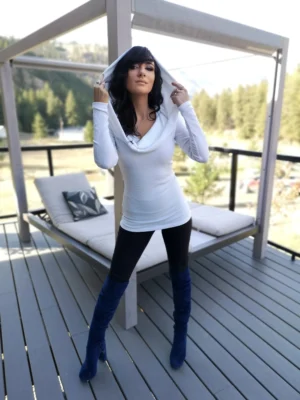 Gorgeous long sleeve ribbed Ivory fitted cowl neck, hooded, off the shoulder, tunic top.