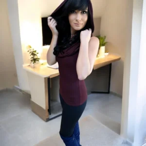 Merlot hooded sleeveless fitted tunic tops.