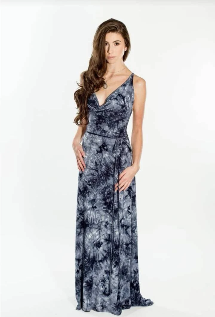 Deep blue and black tie-dye backless maxi dress with criss-cross string detail down the back.