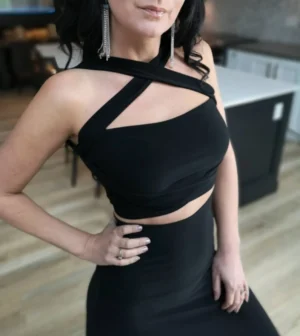 Black crop top tube top with two long, versatile ties.
