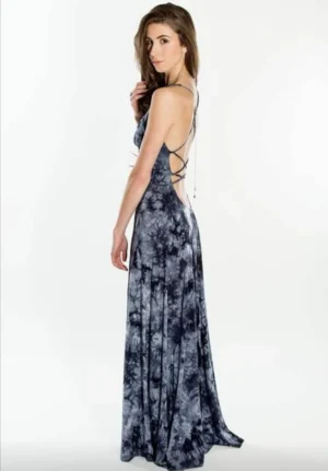 Deep blue and black tie-dye backless maxi dress with criss-cross string detail down the back.