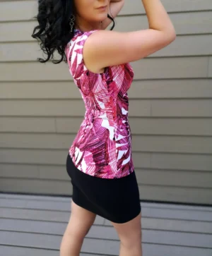Pink tropical print, cap sleeve, round neck fitted top.