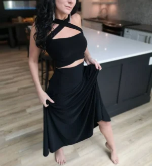 Black crop top tube top with two long, versatile ties.