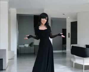 Black, Fitted, hooded, cowl neck, maxi dress with mesh sleeves and finger cut outs.