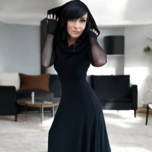 Black, Fitted, hooded, cowl neck, maxi dress with mesh sleeves and finger cut outs.
