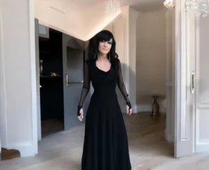 Black, Fitted, hooded, cowl neck, maxi dress with mesh sleeves and finger cut outs.