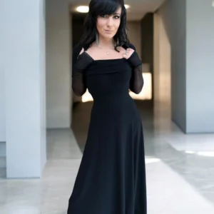 Black, Fitted, hooded, cowl neck, maxi dress with mesh sleeves and finger cut outs.