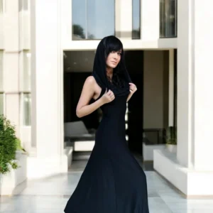 Hooded black maxi dress.